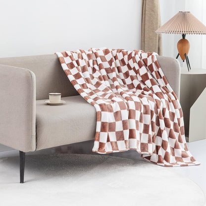 LOMAO Throw Blankets Flannel Blanket with Checkerboard Grid Pattern Soft Throw Blanket for Couch, Bed, Sofa Luxurious Warm and Cozy for All Seasons (Maple Brown, 60"x80")