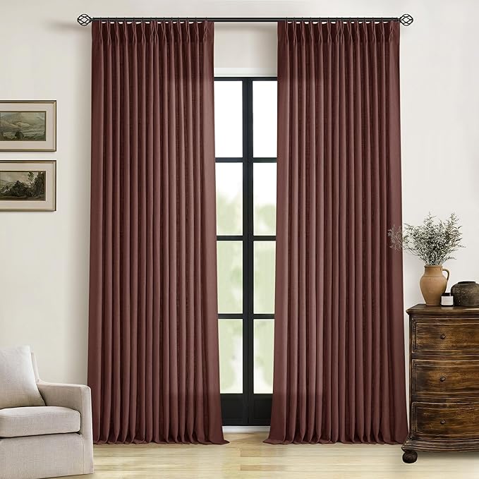 Maroon Pinch Pleated Linen Curtains 108 Inches Long for Living Room 2 Panels Set Flax Double Pleated Drapes Back Tab Farmhouse Ceiling Floor 108 Inch Window Curtains Bedroom Chestnut Reddish Brown