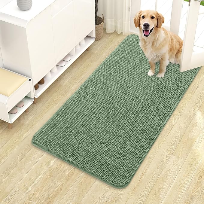 OLANLY Dog Door Mat for Muddy Paws 40x24, Absorbs Moisture and Dirt, Absorbent Non-Slip Washable Doormat, Quick Dry Chenille Mud Mat, Entry Indoor Entryway Carpet for Inside Floor, Olive Green