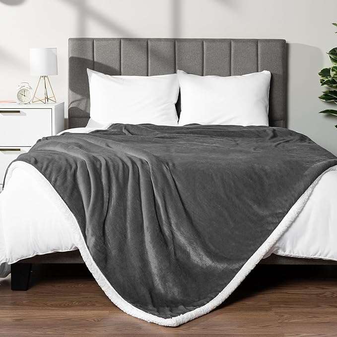 PAVILIA Sherpa Fleece Throw Blanket for Couch, Dark Grey, Plush Soft Fuzzy Sofa Blanket, Cozy Reversible Winter Throw for Women Men, 50x60 Inches