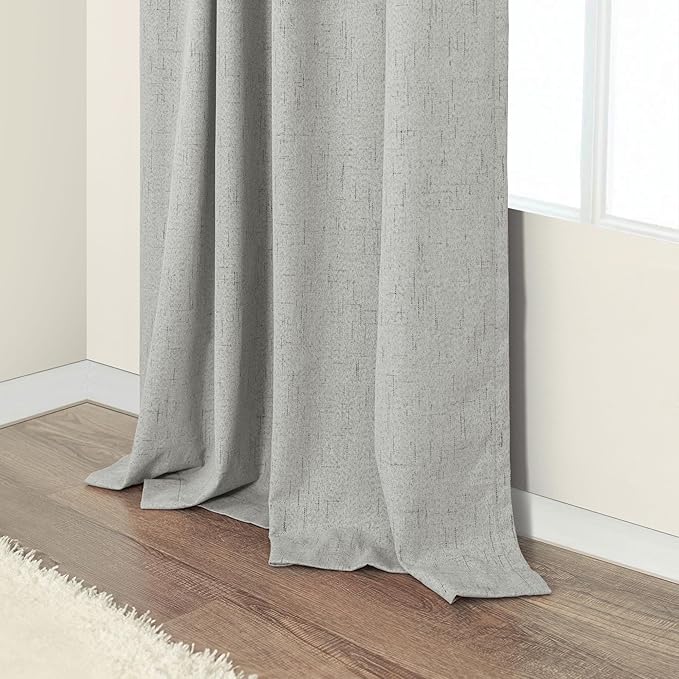 Extra Long White Gray Blackout Curtains 108 Inch Long for Living Room 2 Panel Lightweight Linen Textured Total Black Out Darkening Light Grey Drape for Sliding Glass Doors Back Tab Pocket 9ft Length