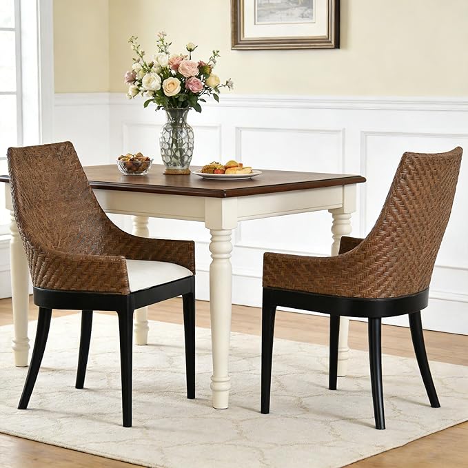 DUHOME Natural Rattan Accent Chair, Tropical Coastal Herringbone Weave Solid Wood Frame Armchair with Cream Upholstered Cushion & Black Tapered Legs, Ergonomic Comfort for Living Room Reading Nook