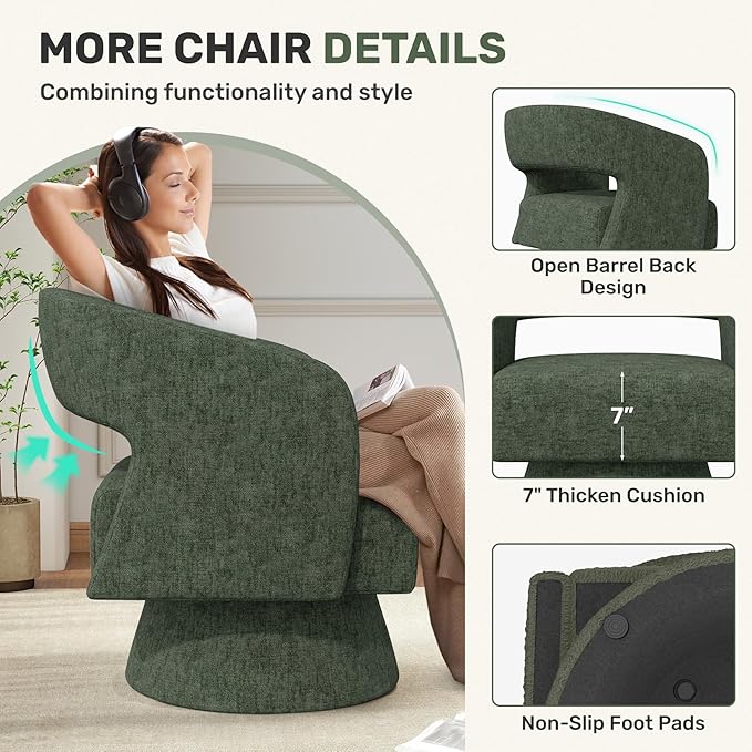 Swivel Accent Chair Set of 2, Modern Comfy Chenille Barrel Chairs, Oversized Upholstered Round Arm Chair for Living Room, Bedroom, Reading Room, Green