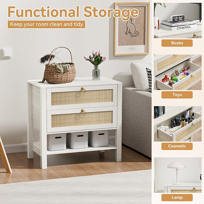 White Night Stand Set of 2 with 2 Drawers and Storage Shelf, 26” Tall Boho Nightstand, Wood Large Bedside Table for Bedroom, Side Table, White