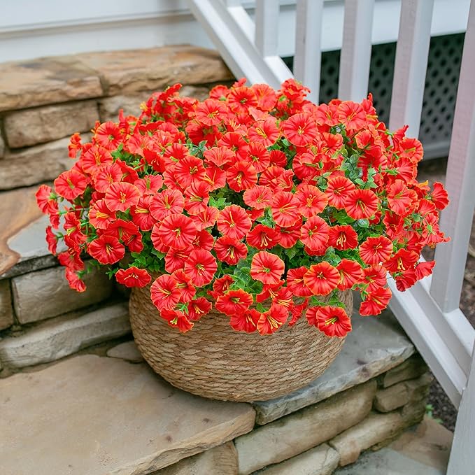Artificial Flowers Fake Plants for Outdoors Decoration, 12 Bundles Orange Silk Morning Glory with Eucalyptus Realistic UV Resistant Faux Flowers Greenery for Outside Planter Yard Garden Home Indoor