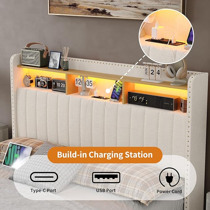 Queen Size Bed Frame with LED Light and Charging Station, Upholstered Bed Frame with 4 Drawers and 2-Tier Storage Headboard, Noise Free, Easy Assembly, Wooden Slats Support, No Box Spring Needed,White