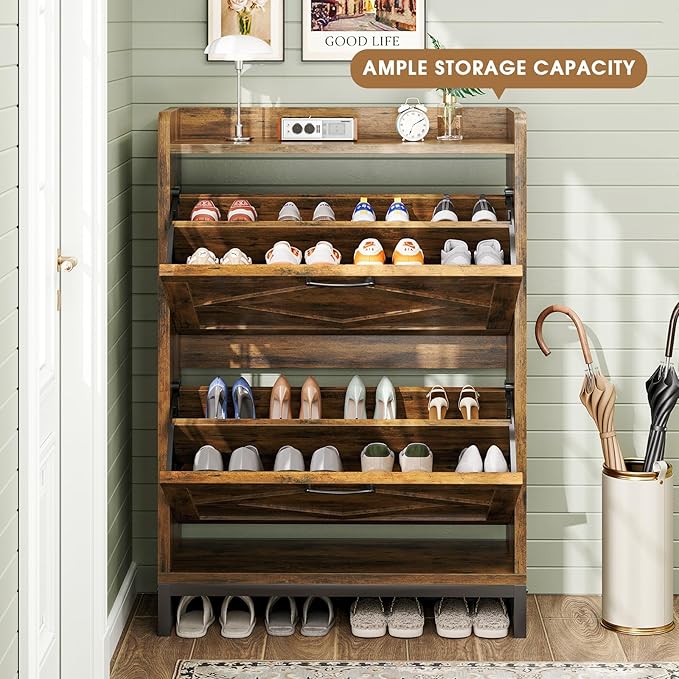 Shoe Cabinet, Shoe Storage Cabinet with 2 Flip Drawers & Adjustable Shelf, Space-Saving Shoe Organizer – Holds 12+ Pairs, Narrow Shoe Cabinet Storage for Entryway/Hallway（Brown）