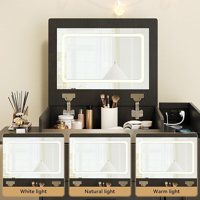 3 in 1 Vanity Desk with Flip Top Mirror, LED Lights, Side Cabinet,Collapsible Desk Panel, Hidden Stool with Storage, Small Makeup Vanity Table with Power Outlets, Compact Vanity, Black PT01DTB