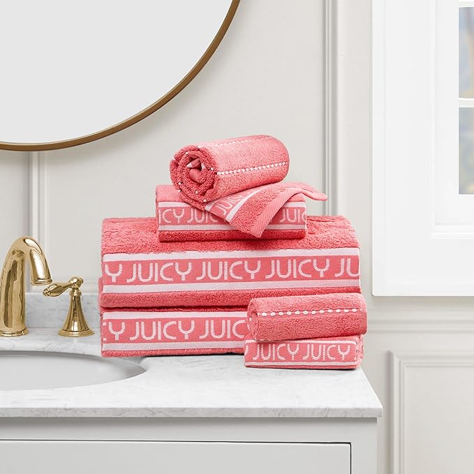 Juicy Couture Luxurious Plush Stripe 6-Piece Set - Pink Coral 100% Cotton Bath Towel Set - Soft and Stylish for Ultimate Comfort and Elegance