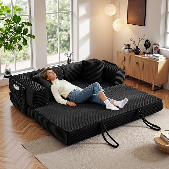 Boneless Couch Folding Couches for Living Room Sofa, Futon Sofa Bed with Sleeper Sofa, Futon Couch with Fixed-Shape Oversized Corduroy Upholstered (Black, 81 Inches)