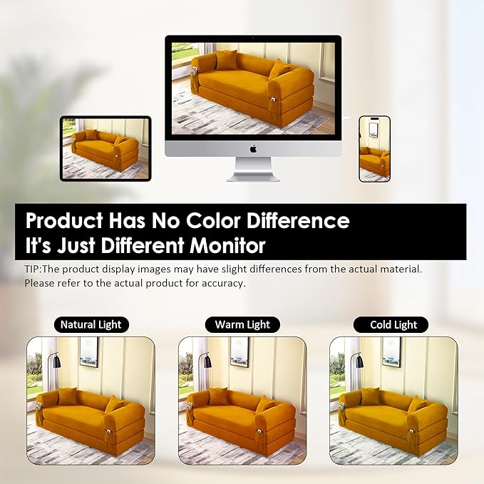 80" Convertible Sofa Bed, Corduroy Deep Seat Folding Pull Out Couch with Pillows, No Assembly Modern Boneless Couch Compression Sofa in Box, Floor Sofa with Storage Pocket for Living Room,Yellow