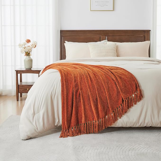 CozeCube Chenille Throw Blanket for Couch, Cozy Plush Fuzzy Decorative Rust Orange Blanket with Fringe Tassels, Lightweight Throws for Bed Sofa Gift Home Decor, 60"X80"