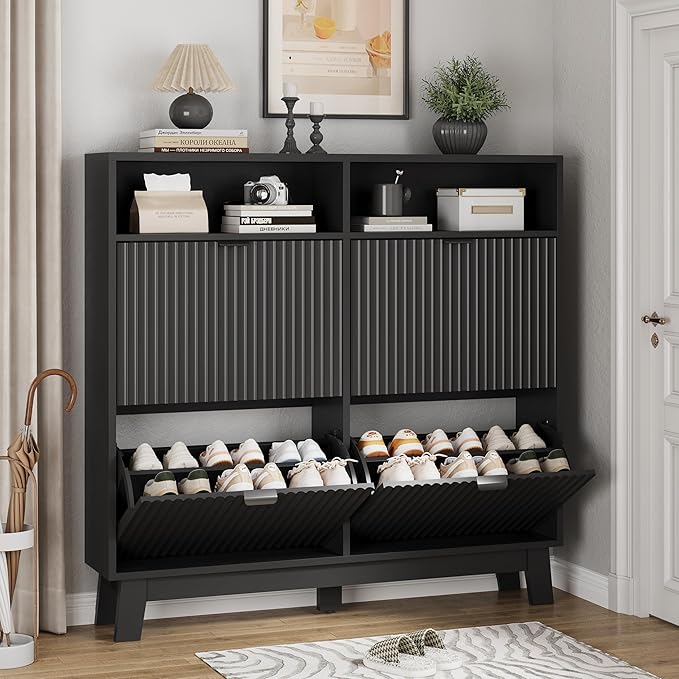 Shoe Cabinet with 4 Flip Drawers, 46" Tall Narrow Fluted Shoe Storage Organizer for Entryway, Hidden Slim Wooden Shoe Rack Cabinet for Front Door Entrance, Hallway, Living Room, Solid Black