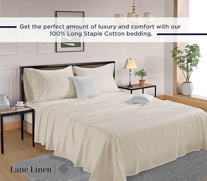 LANE LINEN 100% Cotton 600 Thread Count Soft Twin Bedding Sheets & Pillowcases Set- Sateen Weave Fully Elasticized 15 inch Deep Pocket Twin Sheets, Hotely Like Think Natural Cooling Bedding - Ivory