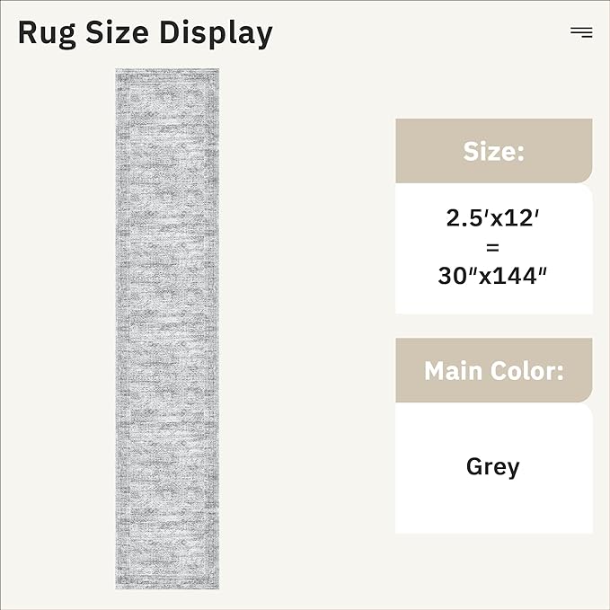 Runner Rug 2'6" x 12' Washable Non-Slip Runner Rugs for Kitchen Bathroom Laundry Room Vintage Ultra Thin Runners for Hallway Entryway Grey