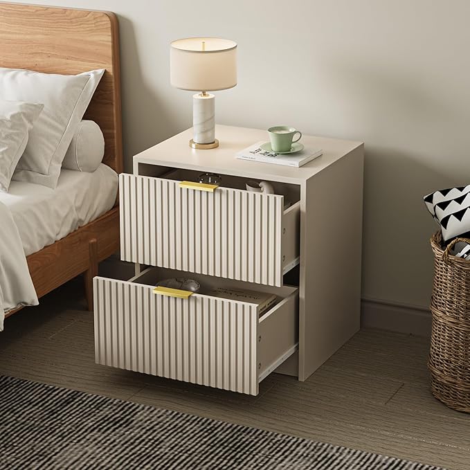 3-Piece Dresser Bedroom Set, 6 Drawer Dresser & 2 Drawer Nightstands with Gold Handles, Fluted Wood Chest of Drawers for Bedroom, Living Room, Entryway, Beige
