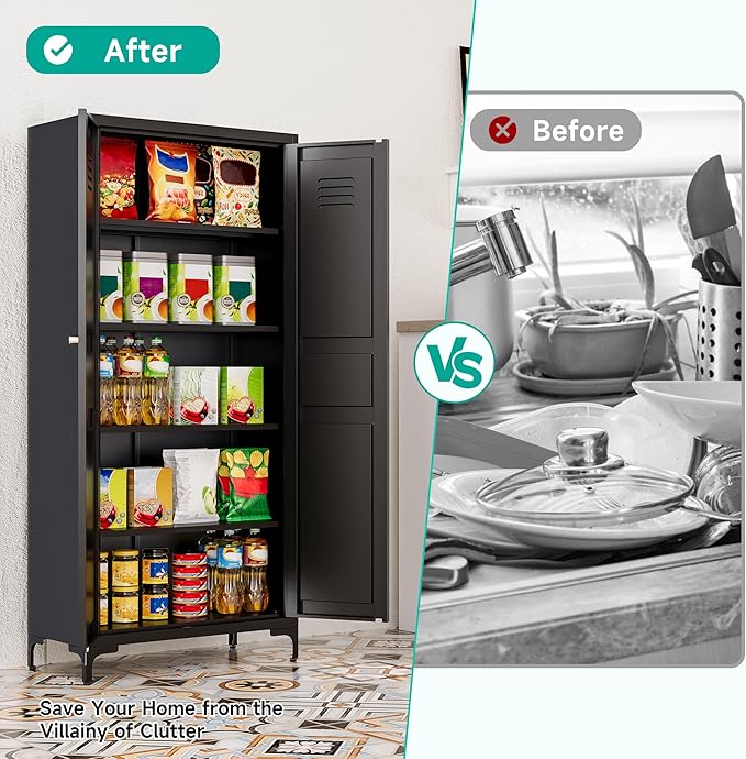 SISESOL Metal Storage Cabinet with Doors and Shelves,Black Storage Cabinet with Leg,Metal Pantry Cabinets,Ventilated Pantry Closet,Tall Large Cupboard for Home,Kitchen,Dining/Living/Laundry Room