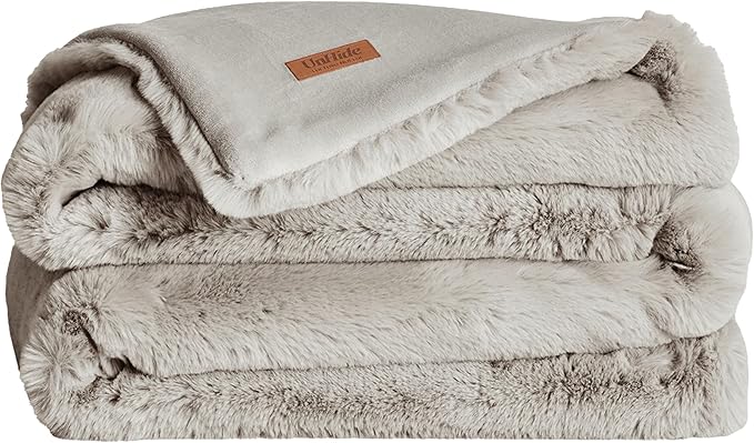 UnHide Marshmallow - Faux Fur Blanket - Heavy Weight, Extra Soft Blanket - Made from Recycled Materials - Machine Washable - Small (50" x 60") - Greige