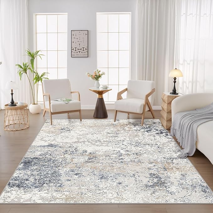 Square Area Rug Living Room Rugs - 8x8 Washable Large Soft Indoor Neutral Modern Abstract Low Pile Rug Carpet for Bedroom Dining Room Farmhouse Home Office - Beige Blue