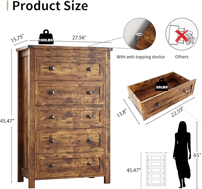 Dresser for Bedroom with 5 Drawers, Tall Wood Chest of Drawers, Modern Farmhouse Closet Clothes Organizer, Storage Tower Cabinet with Metal Handles for Hallway, Living Room, Entryway, Brown
