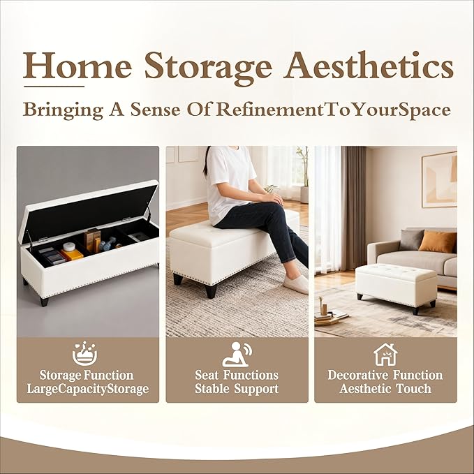 47.5“ Storage Ottoman Bench, Upholstered Button-Tufted End of Bed Bench with Soft-Close Hinge & Solid Wood Legs, Foot Rest for Living Room, Bedroom, Hallway (Linen, White)