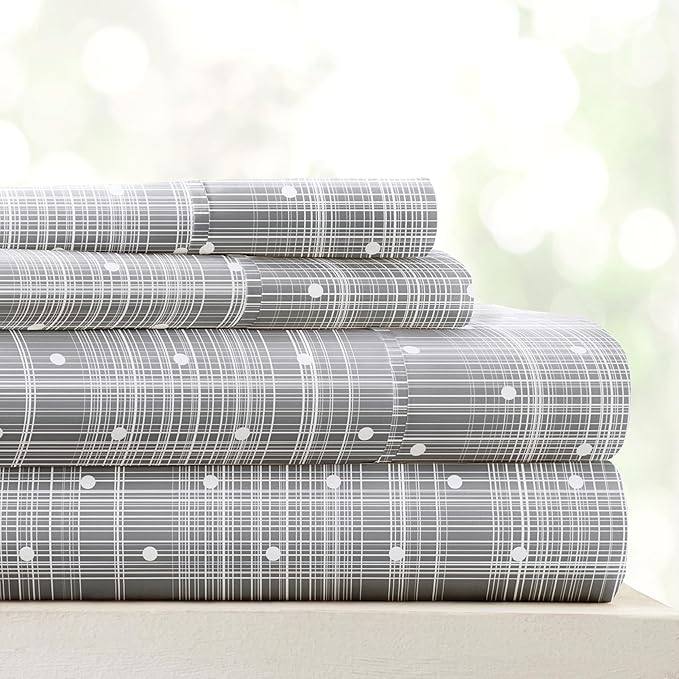 Linen Market 4 Piece King Sheet Set - Breathable, Double-Brushed Patterned Cooling Sheets – Oeko-TEX Certified Ultra Soft & Wrinkle-Free 16" Deep-Pocket King Sheets - Easy Care Polka Dot Gray