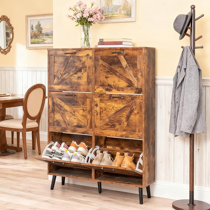 VINGLI 6 Flip Drawer Shoe Cabinet for Entryway, Rustic Brown Shoe Storage Cabinet with 5 Solid Wood Legs, Farmhouse Barn Door Design Tall Shoe Organizer for Hallway, Bedroom, or Living Room