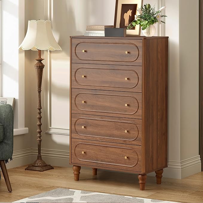 Fluted 5 Drawer Dresser for Bedroom Set of 2, Modern Mid Century Chest of Drawers, Wood Storage Large Dresser Organizer for Bedroom Living Room Closet Hallway, Walnut