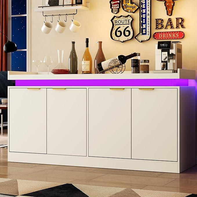 LED Sideboard Buffet Cabinet with Storage, 63'' Large Kitchen Buffet Cabinet Storage Cabinets with 4 Doors, Wood Coffee Bar Cabinets Buffet Table for Kitchen, Dining Room, Entryway