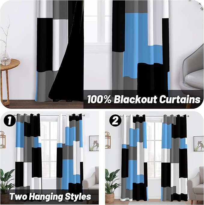 Light Blue 100% Blackout Curtains for Bedroom 63 inch Length 2 Panels Set White Grey Modern Abstract Geometric Black Out Curtains Insulated Room Darkening Window Drapes for Living Room, 52Wx63L
