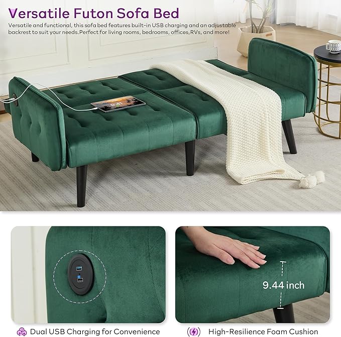 TYBOATLE 65" W Velvet Modern Convertible Folding Futon Couch Sofa Bed w/ 2 USB Charging Ports and arms, Loveseat for Living Room, Office, Apartment, Bedroom (Green)