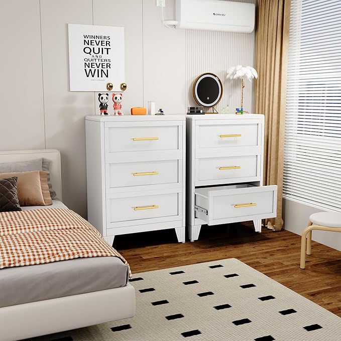 Metal Small Dresser for Bedroom, White Dressers & Chest of Drawers, 3 Drawer Dresser with Curved Corner, Storage Cabinet for Living Room, Entryway, Home Office (White, 24" W)
