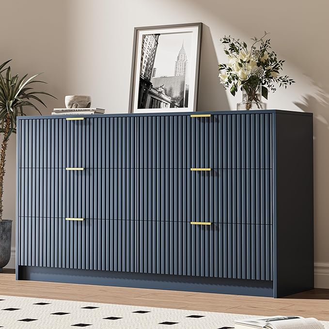 6 Drawer Dresser for Bedroom, 55" Wide Modern Chest of Drawers with Gold Metal Handles, Fluted Wood TV Stand for Living Room, Hallway(Navy Blue)