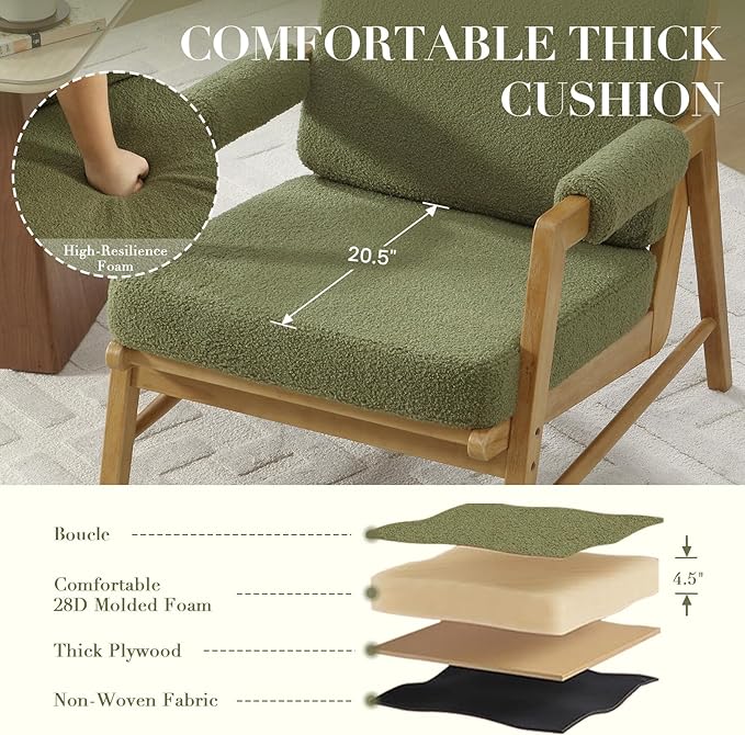 HEAH-YO Modern Accent Chair, Upholstered Boucle Fabric Living Room Chair with Wooden Frame, Comfy Armchair with Thick Cushion for Bedroom Balcony, Green