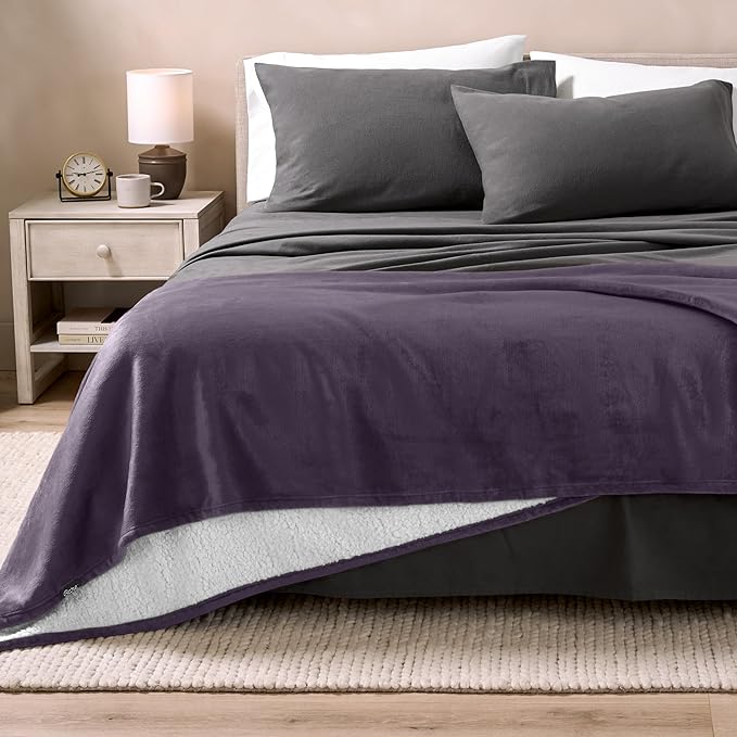 Bare Home Sherpa Fleece Blanket - Full/Queen Size - Blanket for Bed, Sofa, and Couch - Warm & Lightweight - Fluffy & Soft - Reversible (Full/Queen, Eggplant)