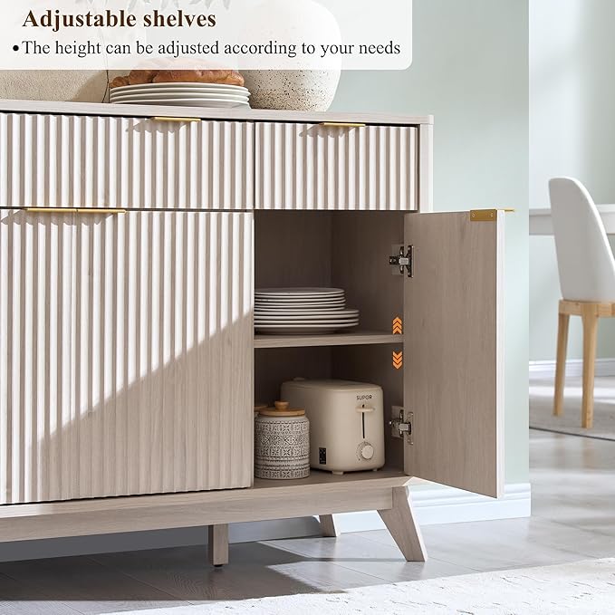 T4TREAM Large Buffet Sideboard Cabinet with Storages, 60" Fluted Modern Buffet Table Coffee Bar Wine Bar Storage Cabinet with 3 Drawers & 4 Doors for Dining Room, Living Room, Hallway(White Alder)