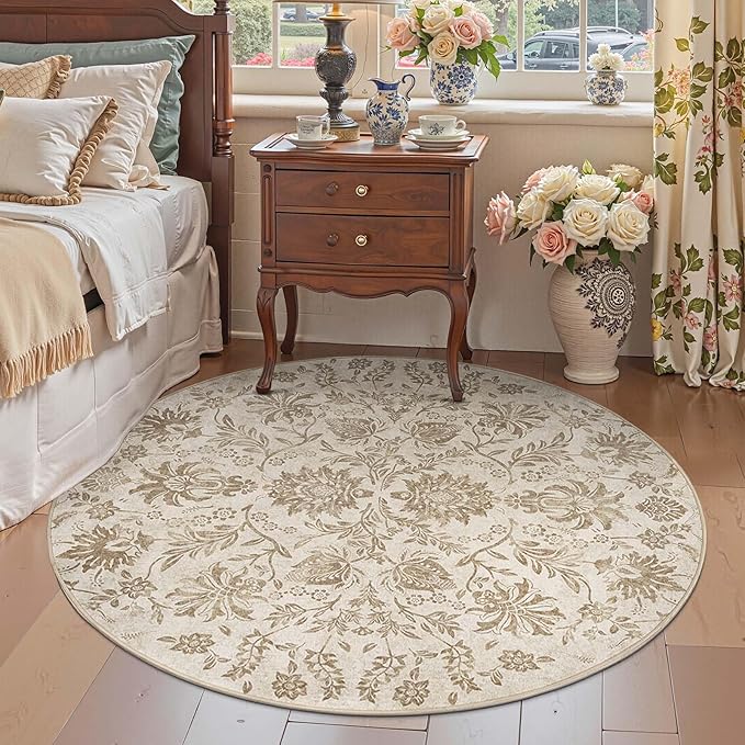 jinchan Torino Classic Floral Round Rug 6ft, Vintage-Inspired Neutral Design 6’Circle Rug, Machine Washable Ultra-Thin Low-Pile Non-Slip Indoor Carpet for Bedroom Living Room Entryway, Taupe