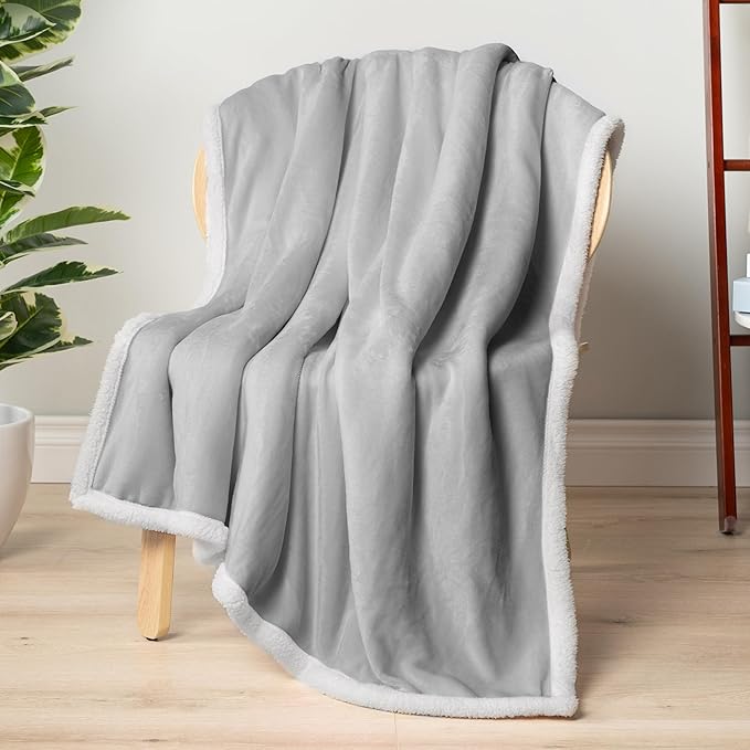 PAVILIA Sherpa Fleece Throw Blanket for Couch, Twin Size, Light Grey, Plush Soft Fuzzy Sofa Blanket, Cozy Reversible Winter Throw for Women Men, 60x80 Inches