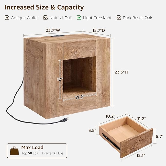 OKD 24" Modern Nightstand with Charging Station, Large Wood Bedside Table w/Hidden Drawers & Open Storage Shelf, Rustic End Table for Bedroom,Living Room,Light Tree Knot