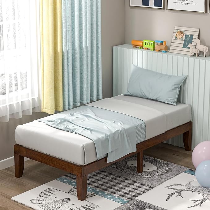 Giantex 14 Inch Twin Wood Platform Bed Frame, Minimalist Style Mattress Foundation with Solid Rubber Wood, Heavy Duty Slat Support, Without Headboard, Easy Assembly, No Box Spring Needed,Walnut