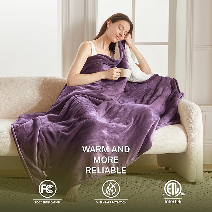 Heat Blanket 62”x84” Twin Size,Soft Flannel & Sherpa Reversible Electric Blanket with 10 Heat Settings,12 Timer Setting and 8 Hours Auto-Shut Off,ETL Certified Machine Washable,Purple