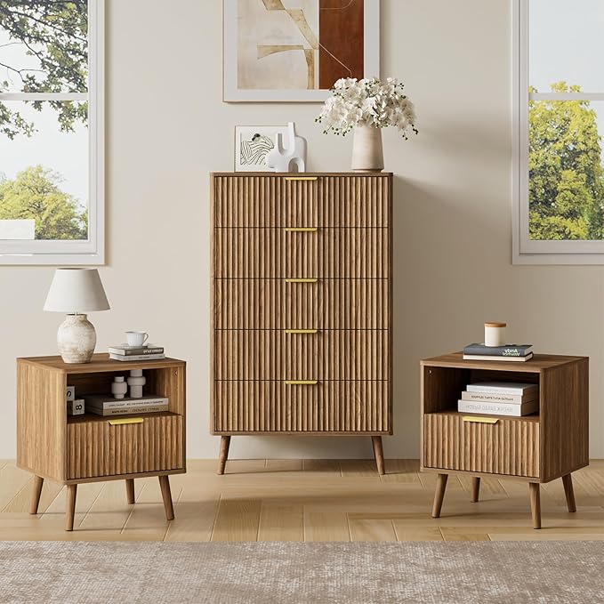 LYNSOM Fluted Dresser and Nightstand Sets 3 Piece, 5-Drawers Dresser and 1-Drawer Nightstands Set of 2, Wood Bedroom Furniture Set for Home, Bedroom, Hallway, Walnut