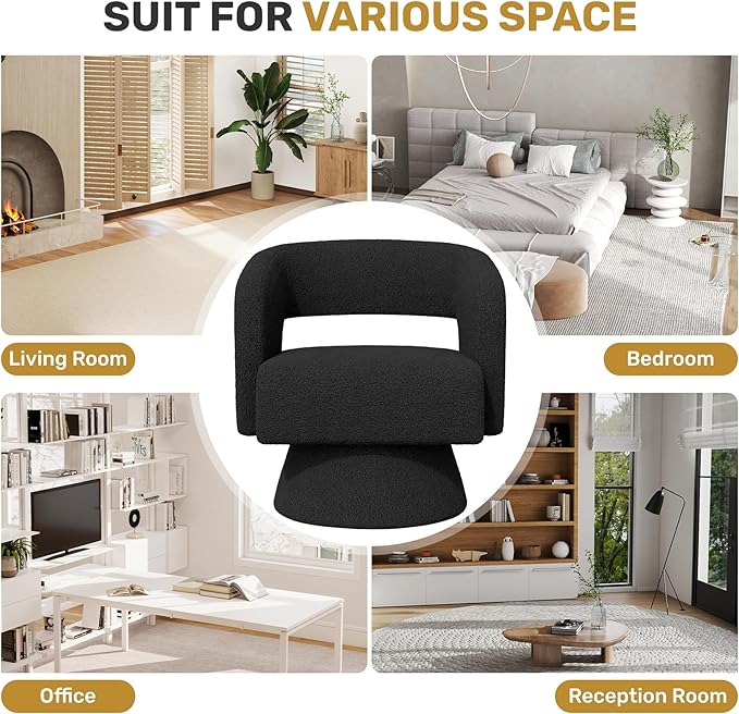 Swivel Accent Chair Set of 4, Modern Comfy Teddy Barrel Chairs, Oversized Upholstered Round Arm Chair for Living Room, Bedroom, Reading Room, Black