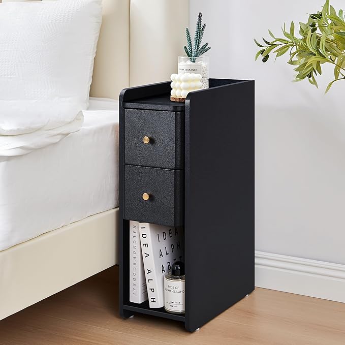 Narrow End Table Bedroom, Wooden Small 2 Drawer Nightstand, Thin Couch Side End Table, Skinny Bedside Table Small Spaces, Mid Century Modern Night Stand with Drawers (Black-1 pc)