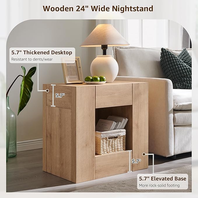 OKD Modern Nightstand with Charging Station, 24" Large Bedside Table, Rustic End Table with Drawers & Open Shelf for Bedroom/Living Room, Night Stand Wood Thick Design,Natural Oak