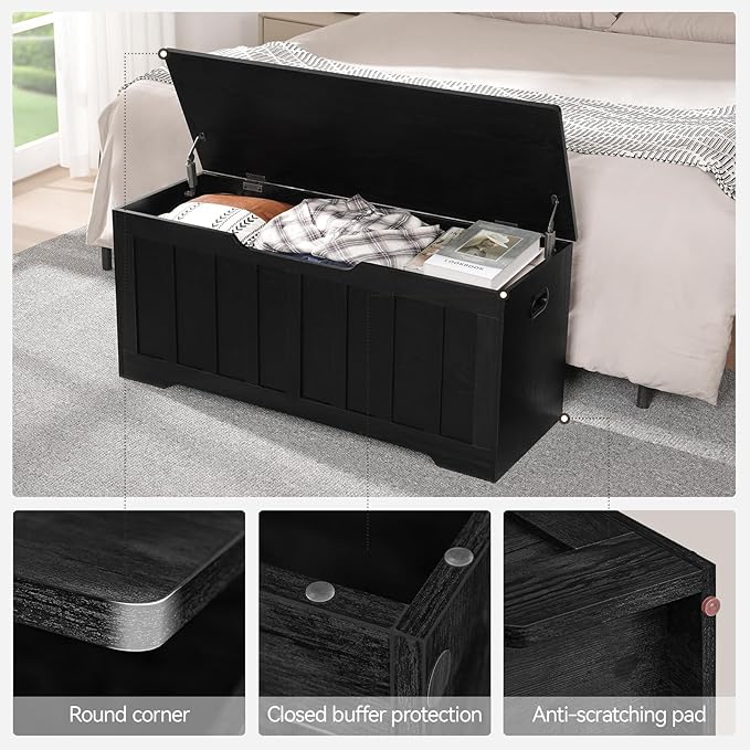 43.3" Storage Chest Extra Large,Storage Trunk with 2 Safety Hinges,Wooden Storage Bench,Shoe Bench,43.3x15.7x19.1 Inch,Easy Assembly,Storage Bench for Bedroom,Living Room,entryway(Black).