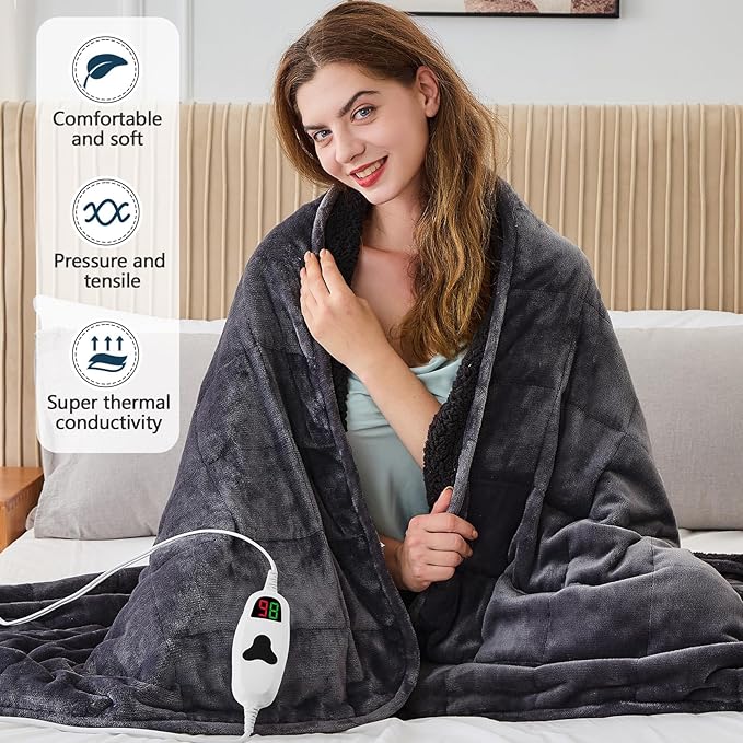 CYMULA Heated Weighted Blanket for Adults, Weighted Heated Blanket 60" x 80", 20lbs Sherpa Fleece Weighted Electric Blanket Soft Heating Blanket with 10 Heating Levels & 1-8 Hours Auto Off, Dark Grey