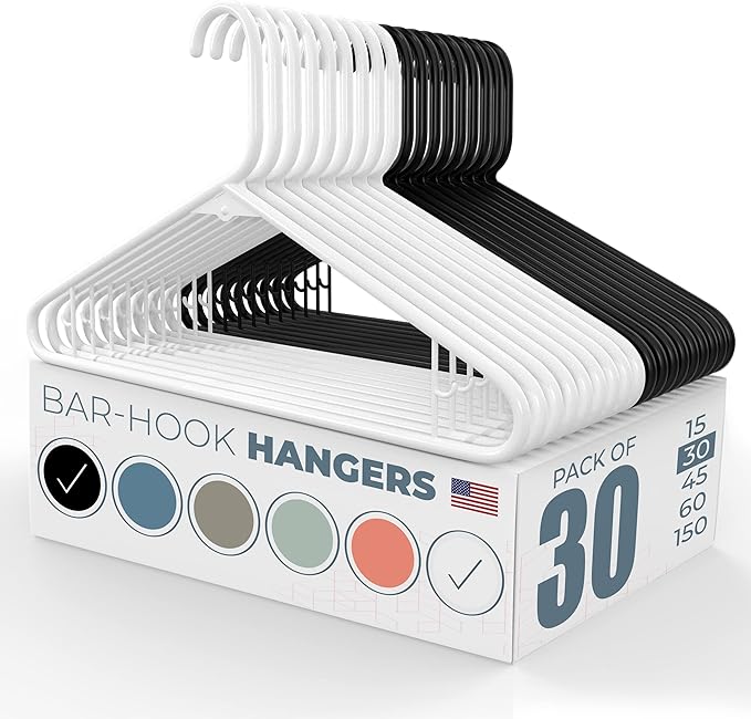 Neaties Plastic Hangers 30 Pack – Made in The USA – 6lb Capacity Standard Clothes Hangers with Strap Hooks for Dresses, Lingerie, Shirts, Pants, and Jackets – White & Black