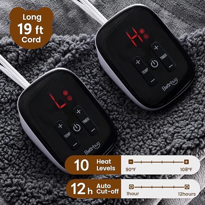 Bearhug Heated Blanket King Size 100" x 90" Dual Controller Electric Blanket, Velvet & Sherpa 10 Heating Levels & 1-12H Auto Off, Over-Heat Protect, ETL, Machine Washable