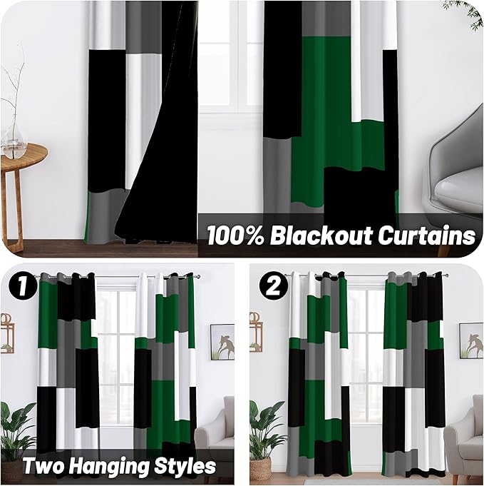 Green 100% Blackout Curtains for Bedroom 108 inch Extra Long 2 Panels Set Hunter Green Grey Modern Abstract Geometric Black Out Curtains Room Darkening Window Drapes for Living Room, 52Wx108L
